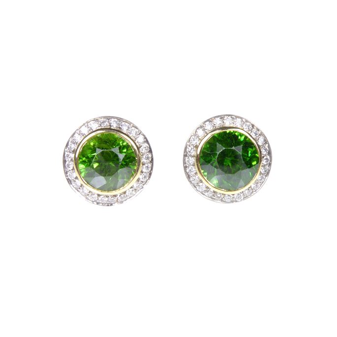 Pair of demantoid garnet and diamond cluster earrings | MasterArt